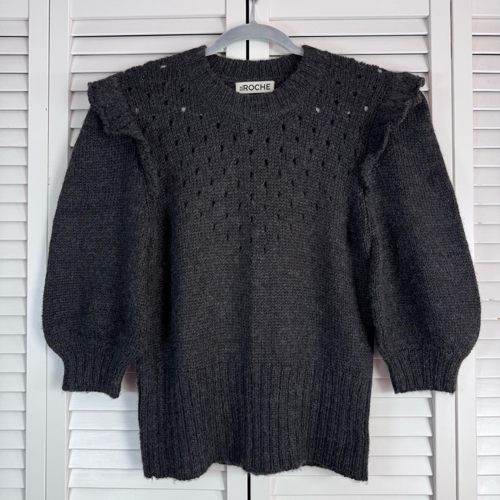 St. Roche Alpaca Ruffle Pointelle Sweater Charcoal 3/4 Balloon Sleeves Medium - Picture 3 of 9